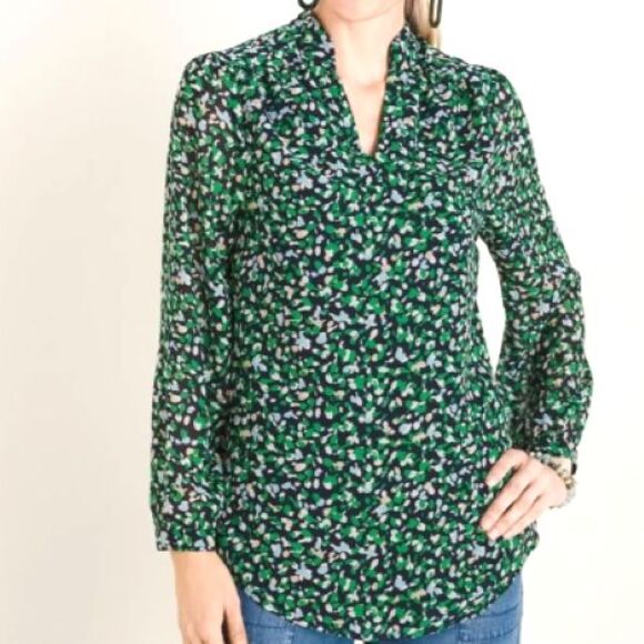 Chicos Abstract Dot Print Blouse Size 3 Womens XL Navy Kelly Semi Sheer Tunic - Picture 1 of 16
